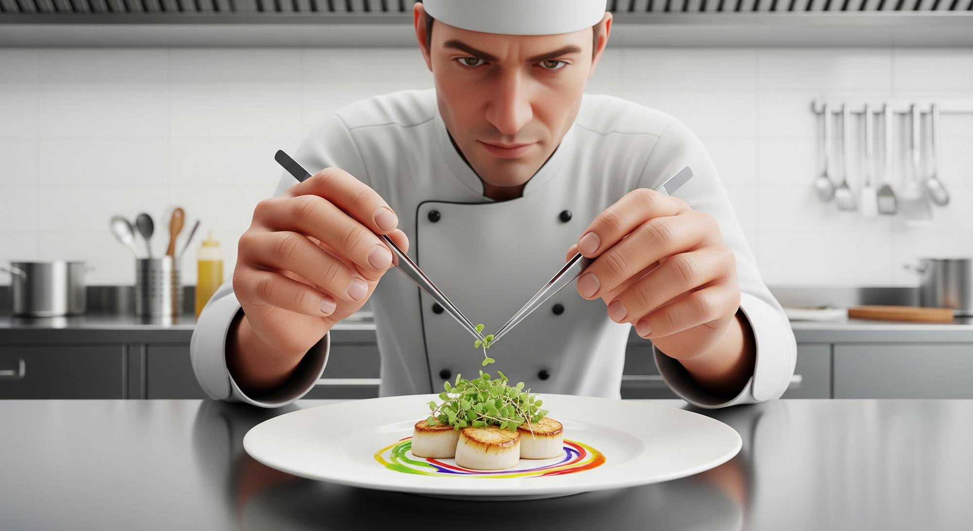 Chef demonstrating a plated dish in a bright kitchen